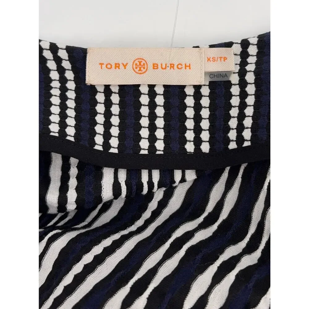 B44 Tory Burch Long Sleeve Jacquard Wrap Dress XS Navy Oxford Stripe Work Career